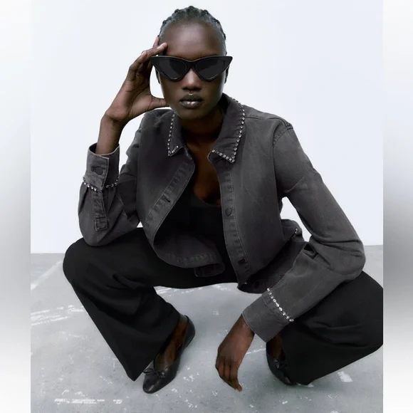 Women Zara Rhinestone Denim Overshirt Size XS - Picture 5 of 11